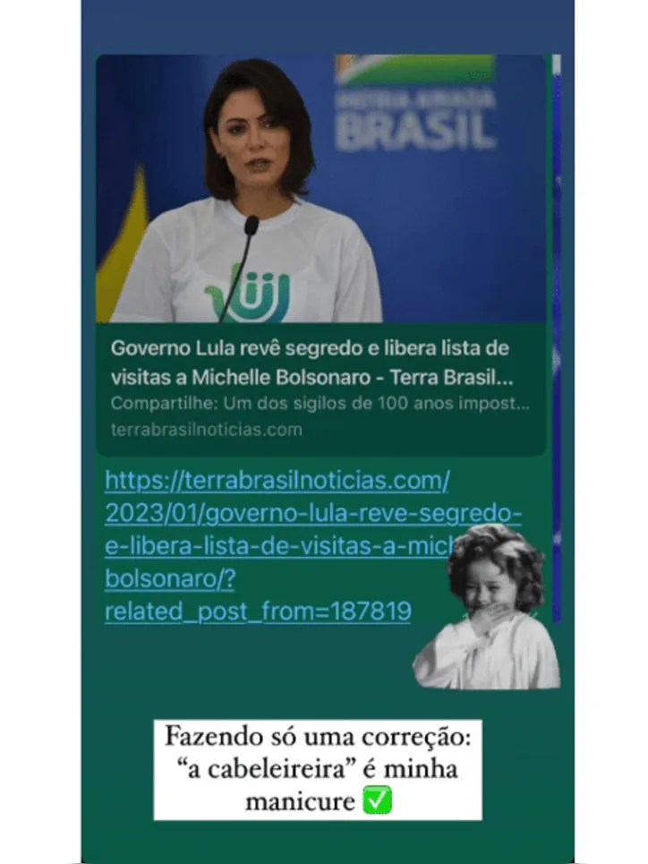 Imagem ilustrativa da imagem Michelle ironiza quebra de sigilo de visitas que recebeu no Alvorada