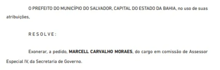 Trecho do Diário Oficial do Município que traz a exoneração de Marcell Moraes