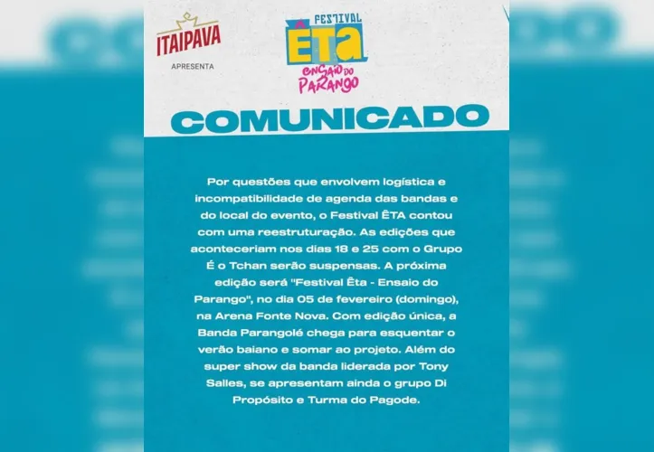 Imagem ilustrativa da imagem Festival Êta cancela edições com É O Tchan e anuncia show de Parangolé