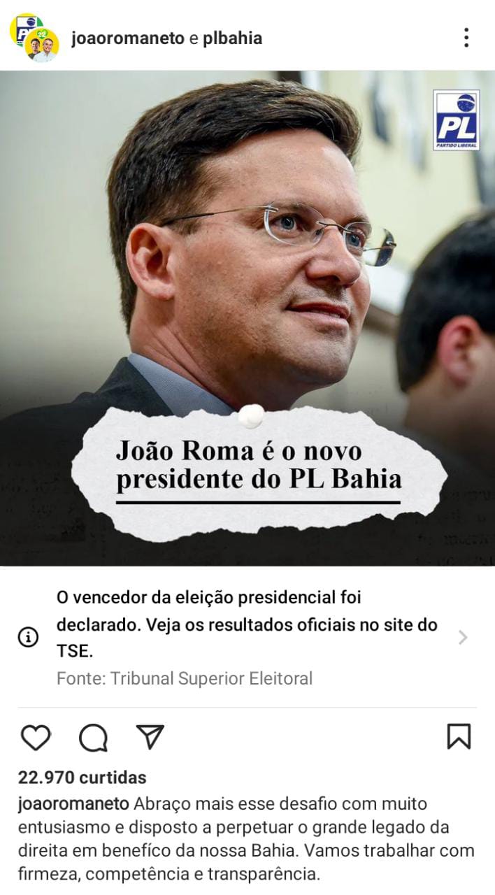Imagem ilustrativa da imagem João Roma assume presidência do PL na Bahia