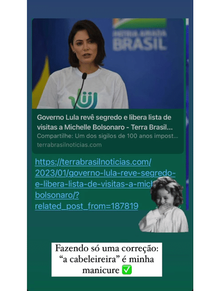 Imagem ilustrativa da imagem Michelle ironiza quebra de sigilo de visitas que recebeu no Alvorada