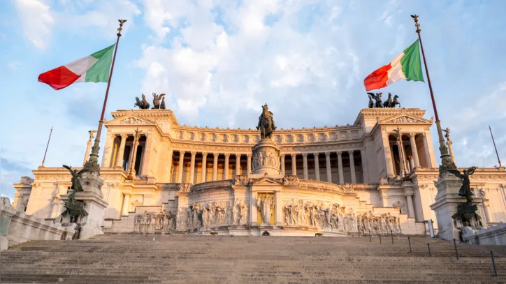 Victor Emmanuel II Monument located in the ancient center of Rome at sunset, Italy