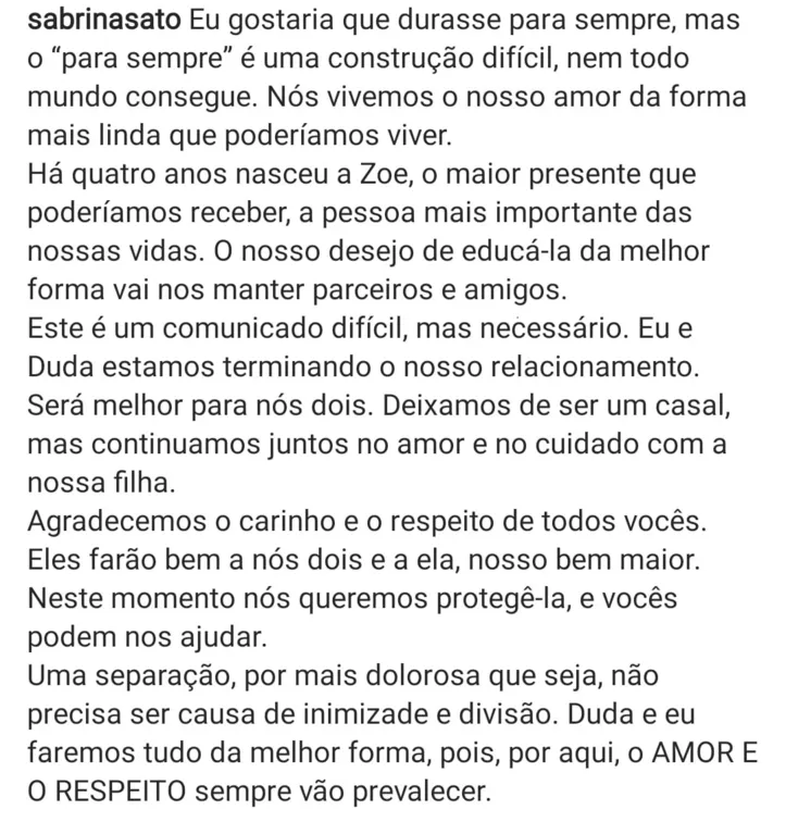 Texto publicado por Sabrina Sato