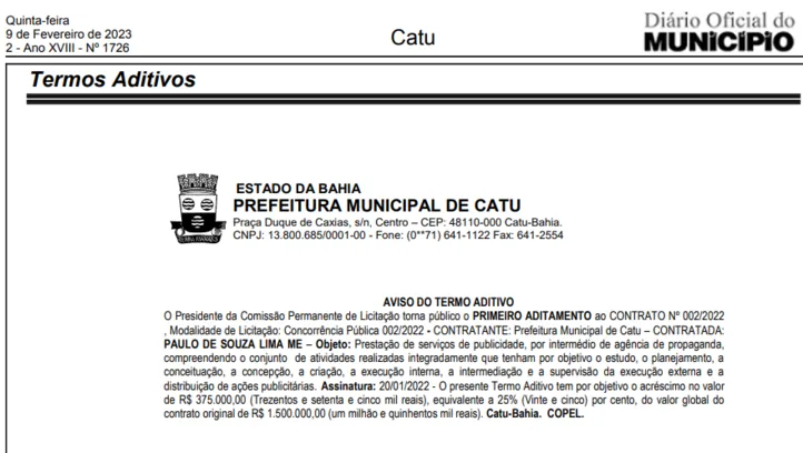 Imagem ilustrativa da imagem Prefeito de Catu gasta quase R$ 2 milhões em contrato de publicidade