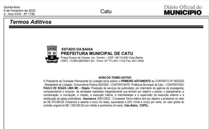 Imagem ilustrativa da imagem Prefeito de Catu gasta quase R$ 2 milhões em contrato de publicidade