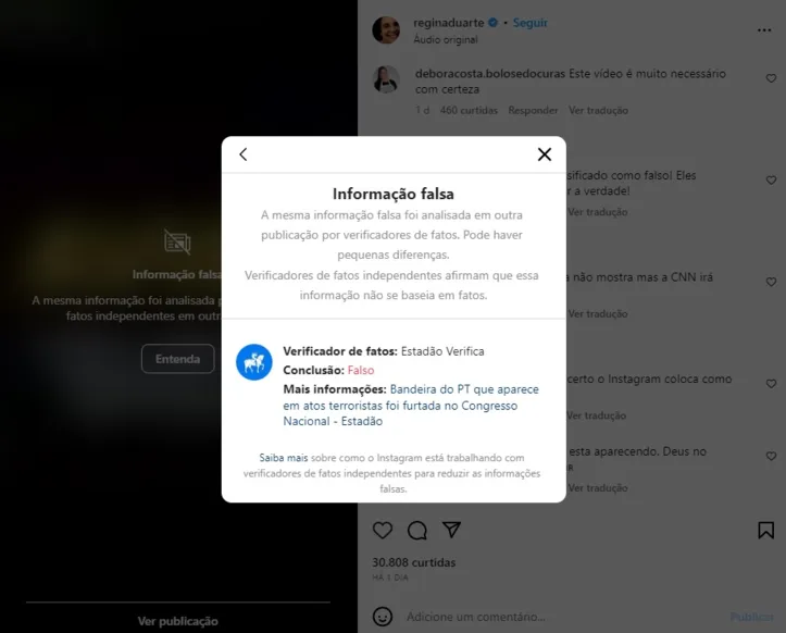 Mesmo com sinalização do Instagram de que a postagem é uma fake news, apoiadores de Bolsonaro disseram acreditar nas informações do vídeo