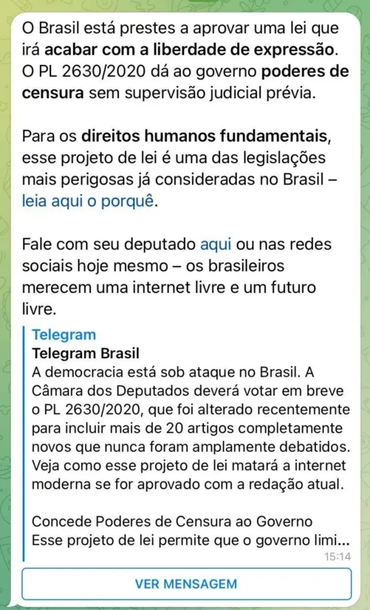 Imagem ilustrativa da imagem Telegram dispara mensagem contra o PL das Fake News; veja íntegra