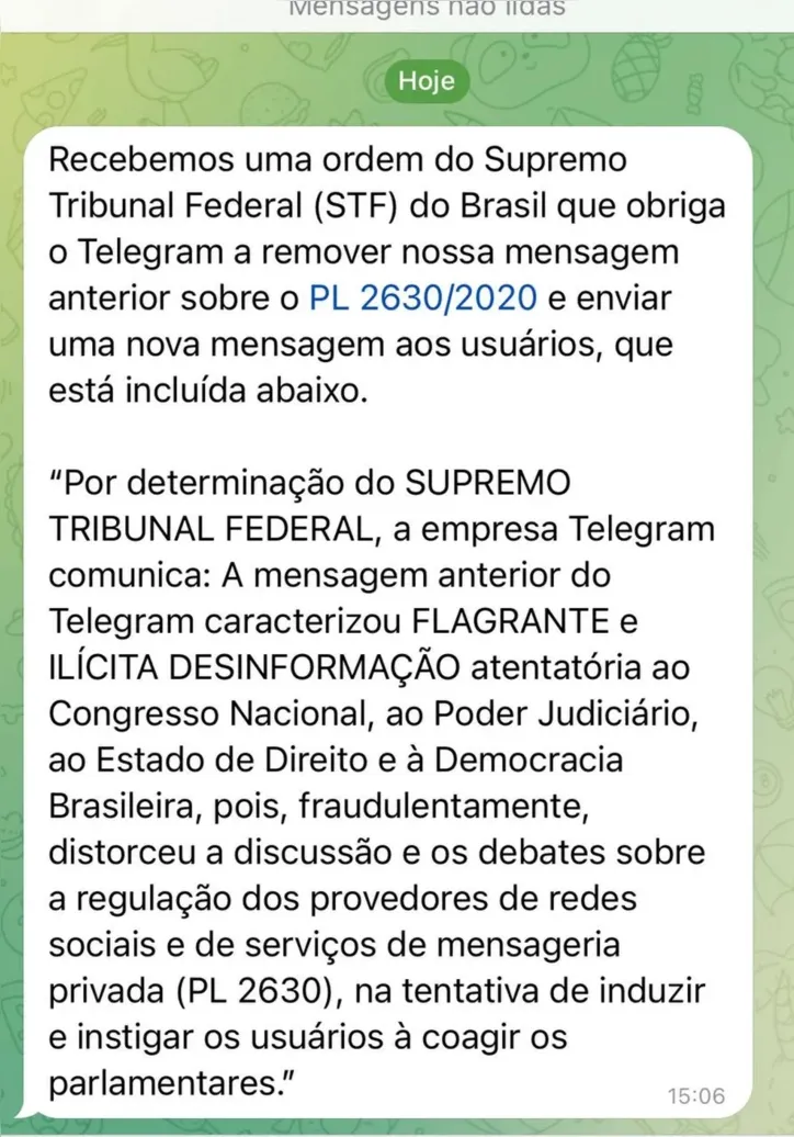 Imagem ilustrativa da imagem Após decisão do STF, Telegram apaga mensagem contra PL das Fake News