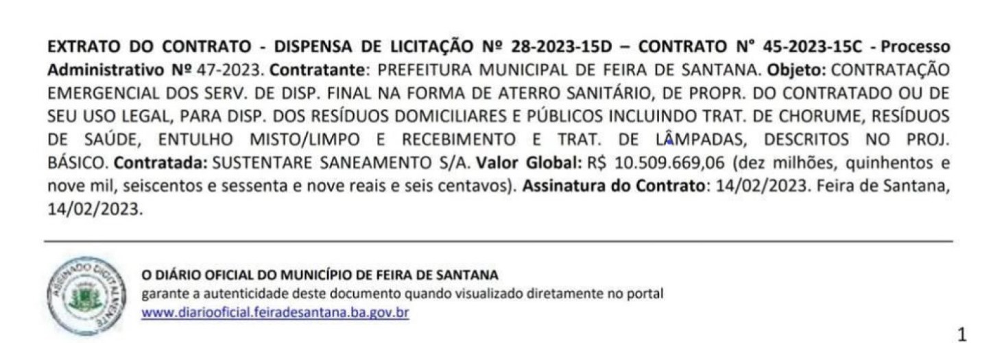 Imagem ilustrativa da imagem Feira de Santana: gestão fecha contrato de R$ 10 milhões sem licitação