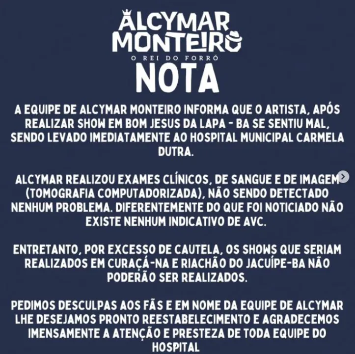 Forrozeiro cearense Alcymar Monteiro, de 70 anos, passou mal após se apresentar  em Bom Jesus da Lapa, oeste baiano.