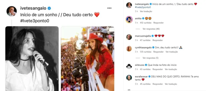 A publicação ainda foi comentada por outras cantoras baianas, como Larissa Luz e Gilmelândia, além da funkeira Anitta.