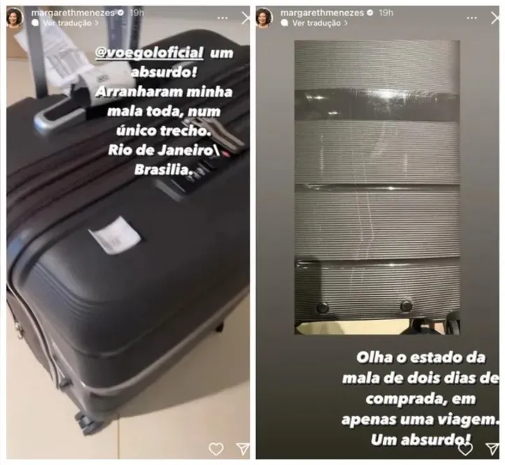 Margareth reclamou que após o trecho entre Rio de Janeiro e Brasília, a mala apresentou arranhões