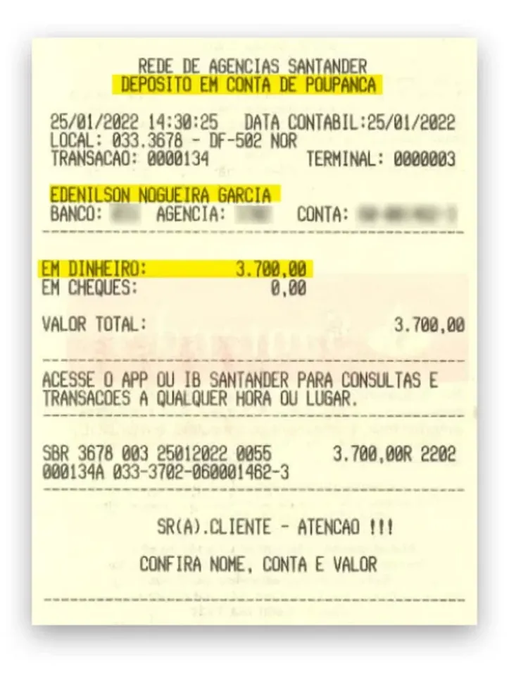 Comprovante adquirido e divulgado pelo Metrópoles