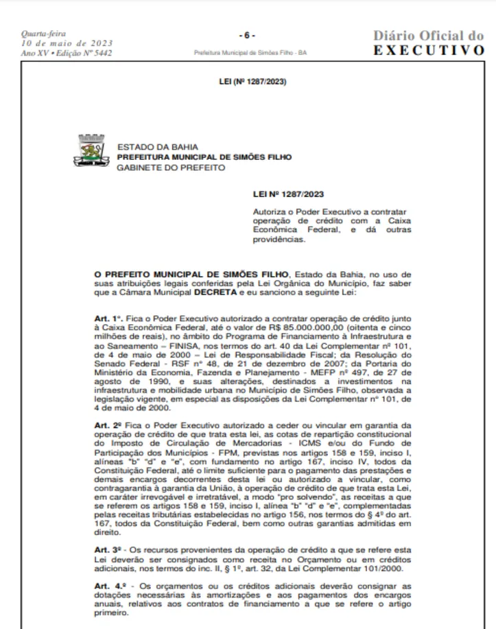 Imagem ilustrativa da imagem Prefeito de Simões filho autoriza empréstimo de R$ 85 milhões