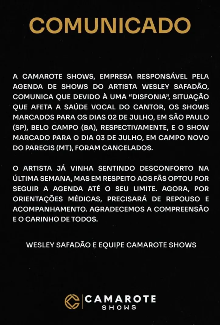 Imagem ilustrativa da imagem Wesley Safadão cancela shows para tratar problema na voz