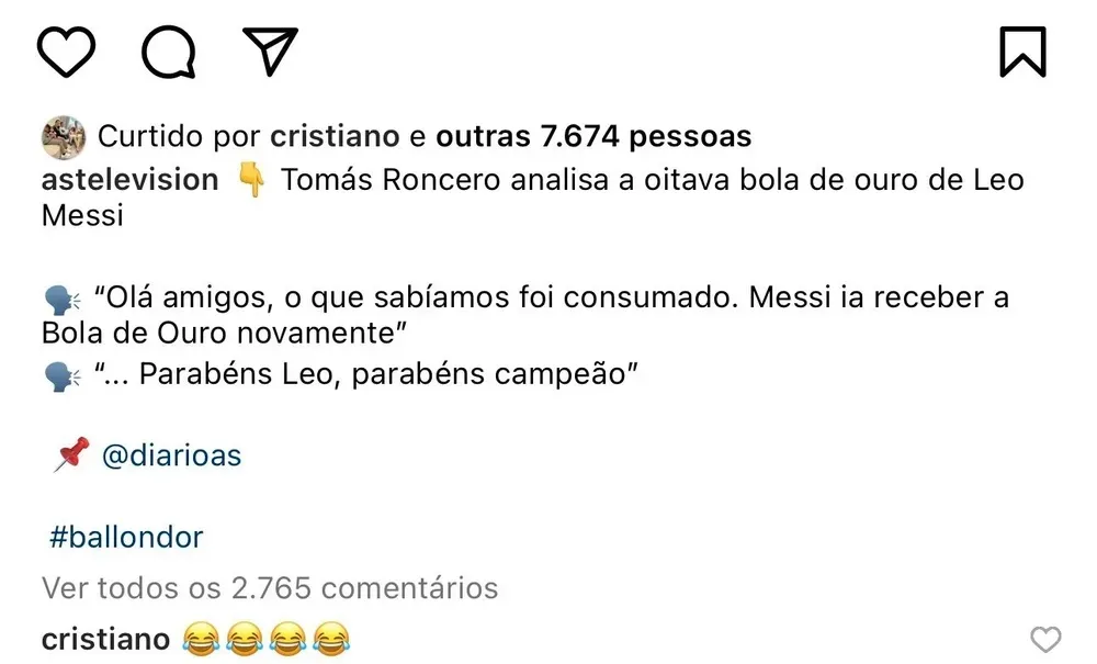 Imagem ilustrativa da imagem Cristiano Ronaldo reage a escolha de Messi como melhor do mundo