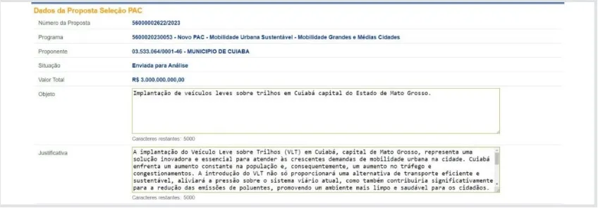 Cadastro do VLT de Cuiabá no Novo PAC