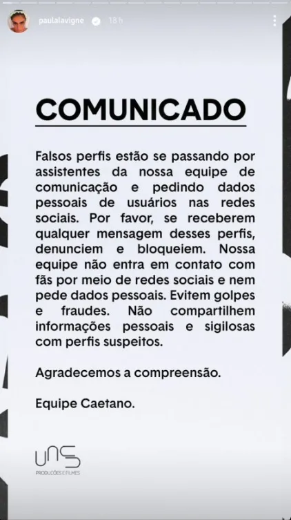 Imagem ilustrativa da imagem Golpistas usam nome da equipe de Caetano Veloso para pedir dados