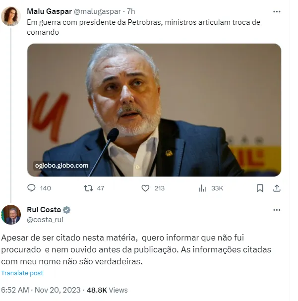 Imagem ilustrativa da imagem Rui nega que esteja querendo trocar presidente da Petrobras