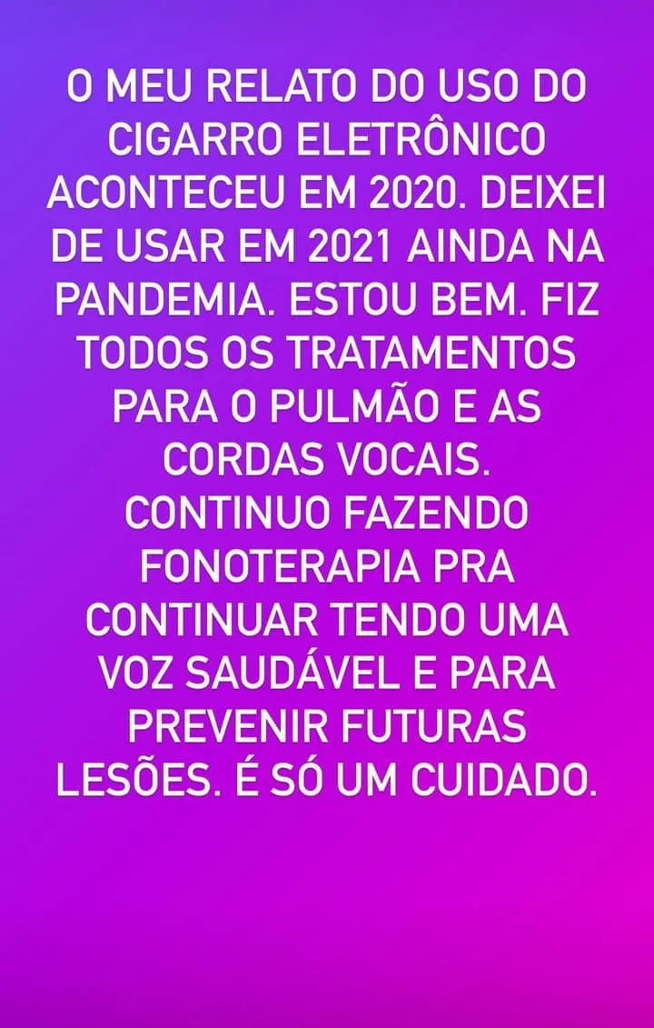 Imagem ilustrativa da imagem Solange Almeida tem lesão na voz após uso de cigarro eletrônico