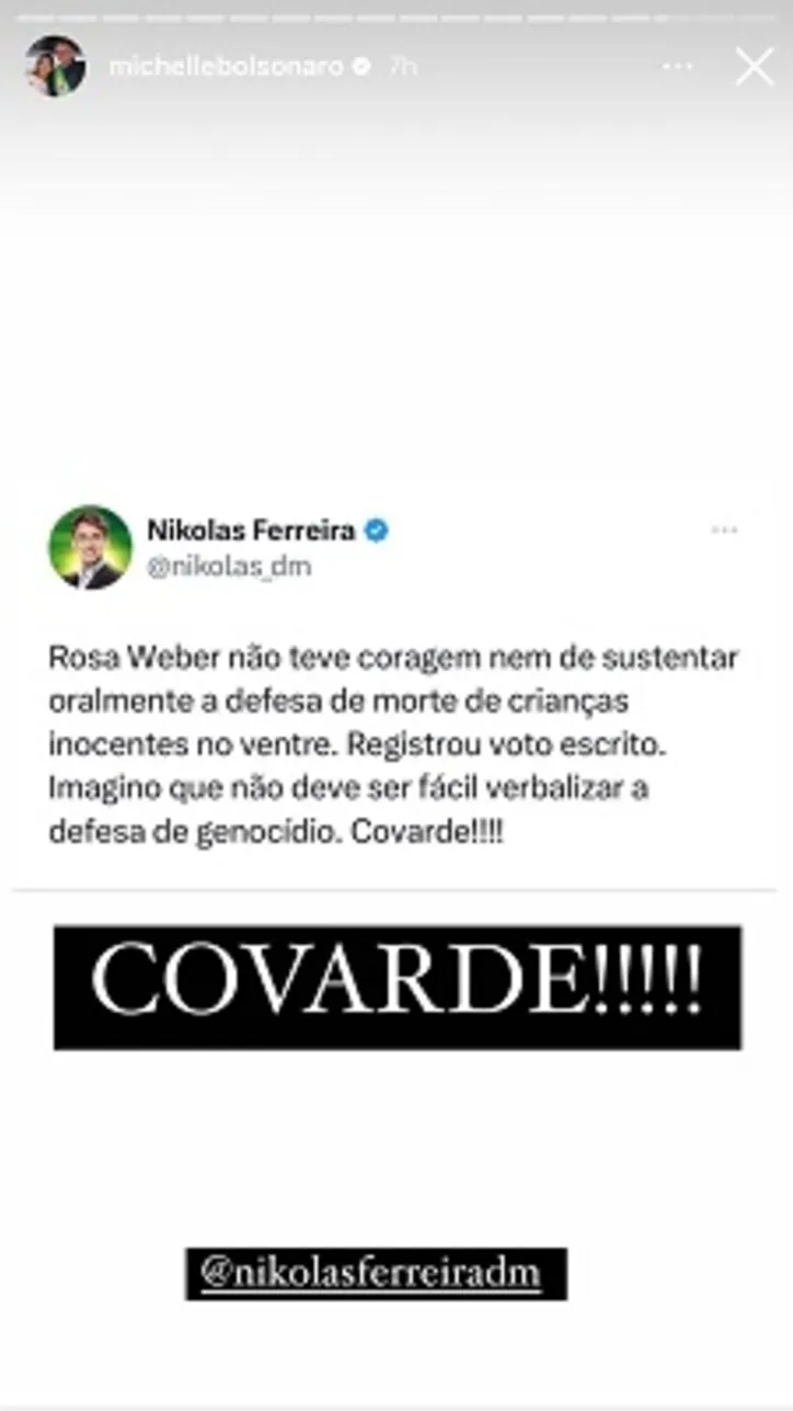 Imagem ilustrativa da imagem 'Covarde', diz Michelle após ministra votar a favor do aborto