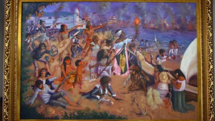 Quadro Alegoria ao 7 de Janeiro, de autoria de Mike Sam Chagas, extraído do livro Maria Felipa de Oliveira - Heroína da Independência da Bahia, de Eny Kleyde Vasconcelos Faria. Foto: Felipe Peixoto Brito