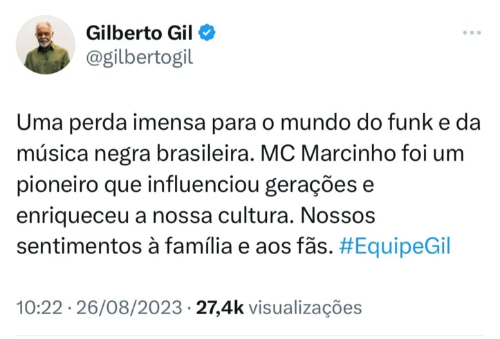 Imagem ilustrativa da imagem Perfil de Gil presta homenagem a MC Marcinho: “enriqueceu cultura”