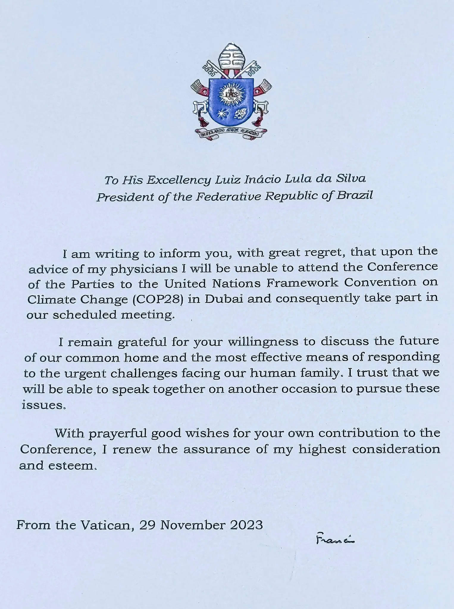 Carta encaminhada pelo Papa Francisco a Lula, redigida em inglês
