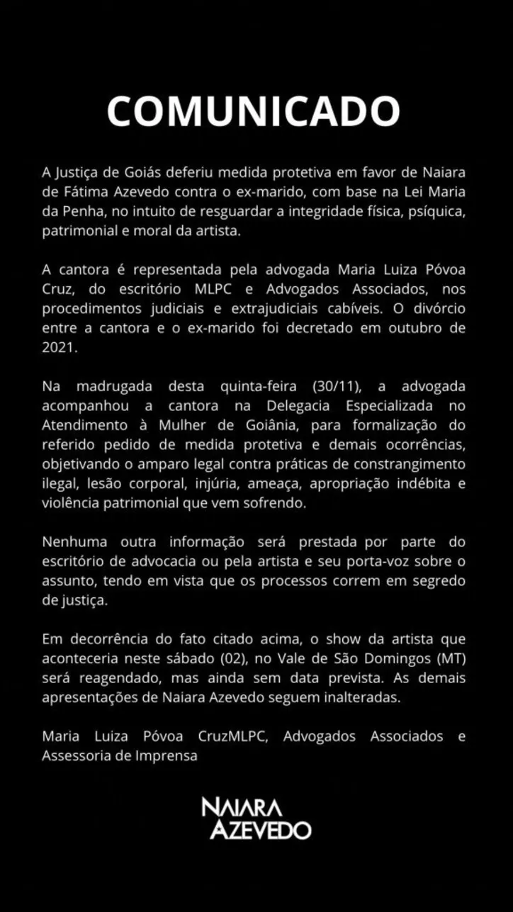 Nota da equipe de Naiara Azevedo informando adiamento de um show