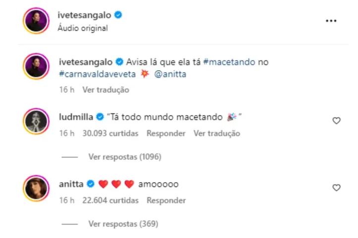 Imagem ilustrativa da imagem Ludmilla reage após ver Anitta cantar 'Macetando' com Ivete