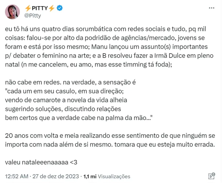 Imagem ilustrativa da imagem Pitty critica vinda de Beyoncé a Bahia: "resolveu fazer a Irmã Dulce"