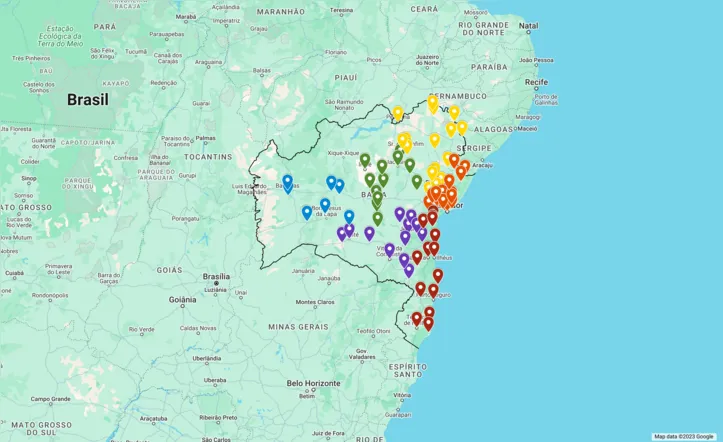 Cidades da Bahia por onde a Funceb já passou, separadas por Macroterritórios (De 1 a 6)