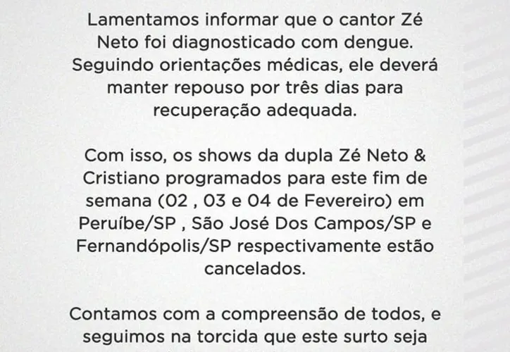 Assessoria do cantor publicou comunicado nas redes sociais