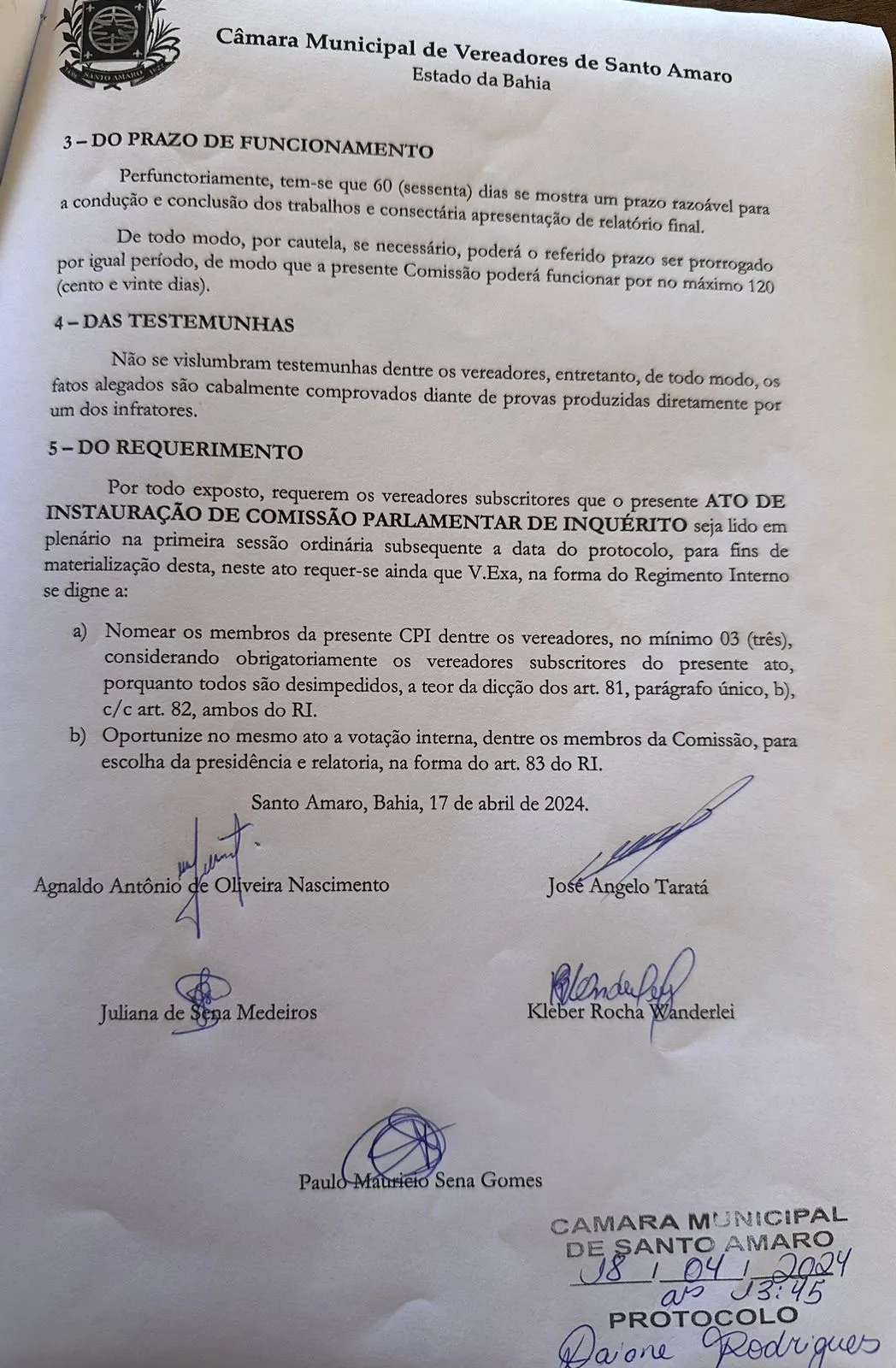 Imagem ilustrativa da imagem Câmara protocola CPI contra prefeita de Santo Amaro