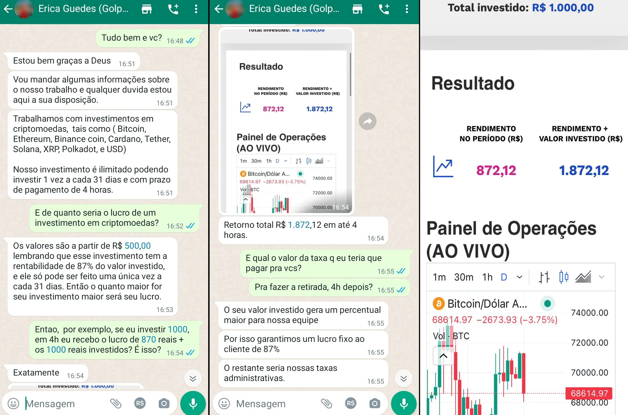 Pelo Whatsapp, Erica d&aacute; as informa&ccedil;&otilde;es sobre o suposto investimento.