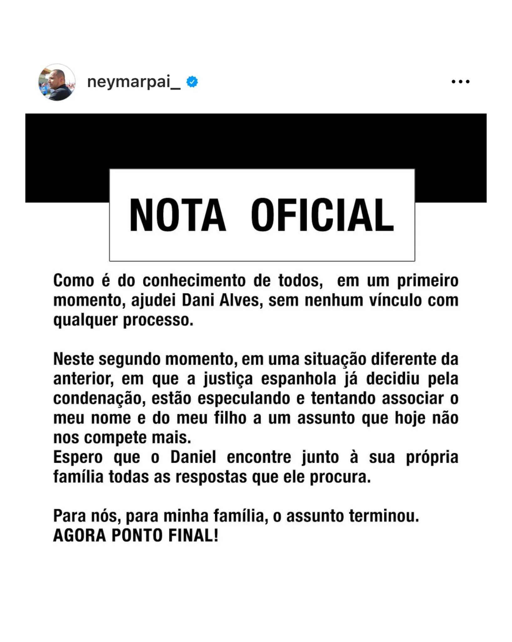 Imagem ilustrativa da imagem Pai de Neymar nega que pagou fiança de Daniel Alves: "não nos compete"