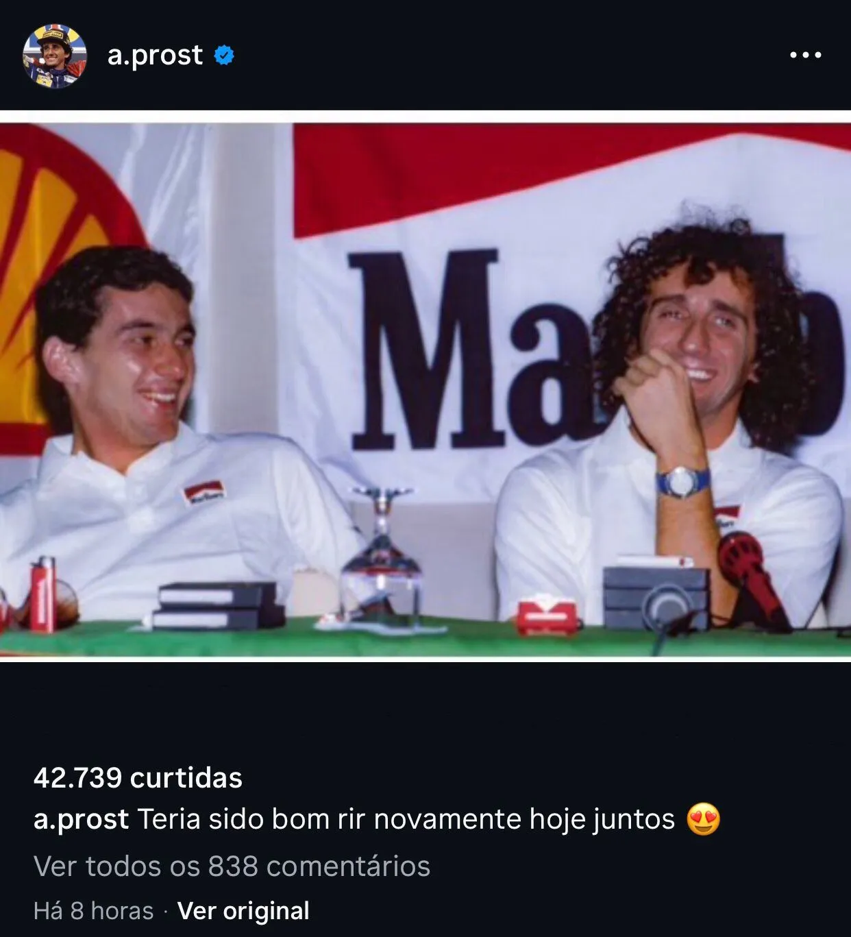 Imagem ilustrativa da imagem Rival na Fórmula 1, Prost homenageia Senna: "Seria bom rirmos juntos"
