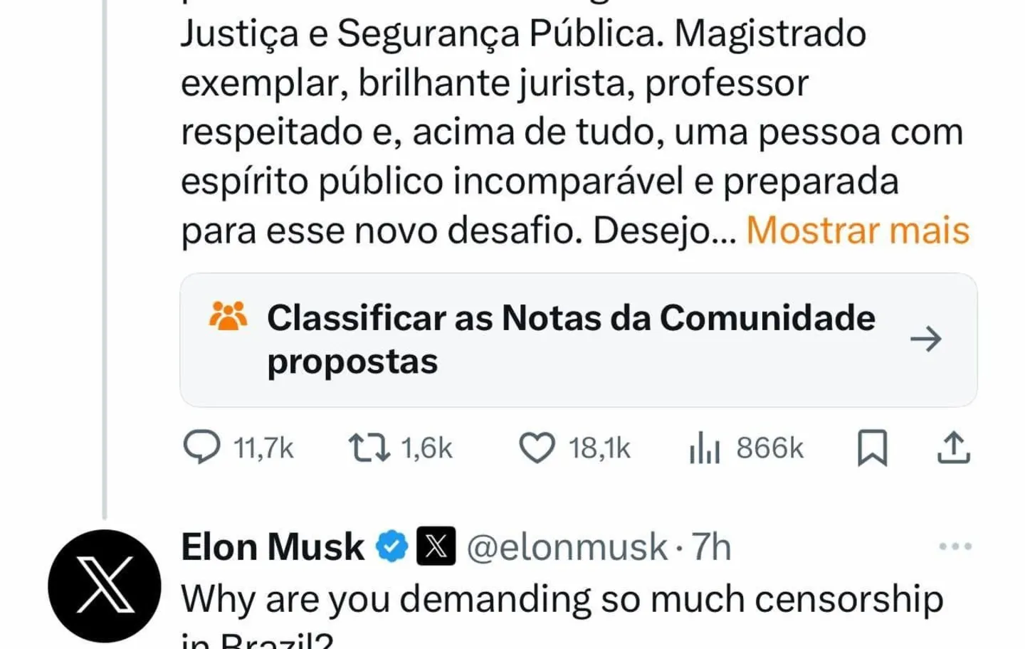 Publicação do Moraes no X, com resposta de Elon Musk