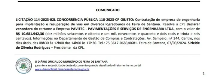 Informação extraida do Diário Oficial de Feira