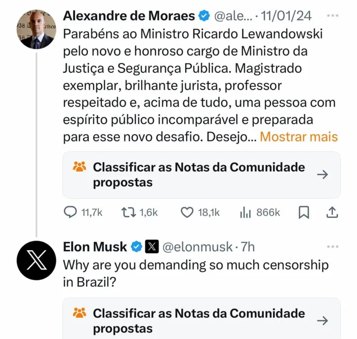 Publicação do Moraes no X, com resposta de Elon Musk