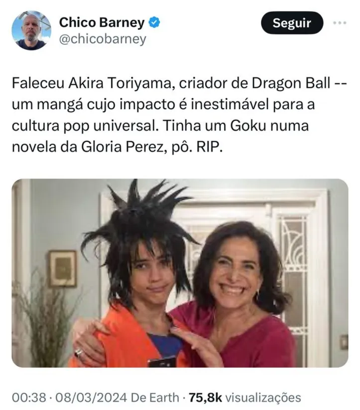 Imagem ilustrativa da imagem Famosos brasileiros prestam homenagens a criador de Dragon Ball