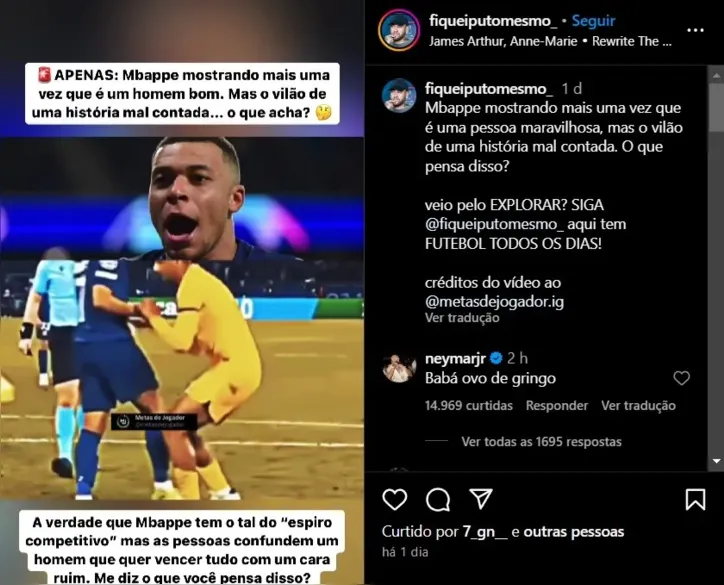 Perfil publicou vídeo de um momento em que Mbappé ajudava Raphinha
