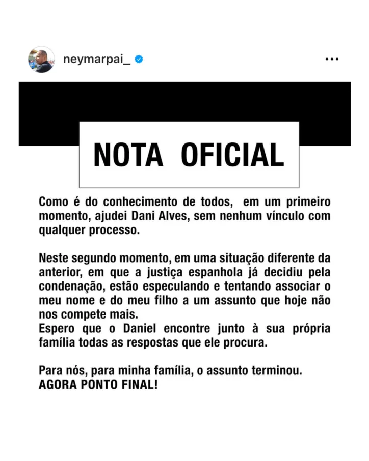 Imagem ilustrativa da imagem Pai de Neymar nega que pagou fiança de Daniel Alves: "não nos compete"