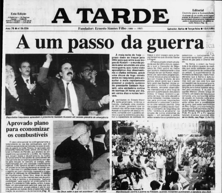 Capa de A TARDE do dia 15 de janeiro de 1991