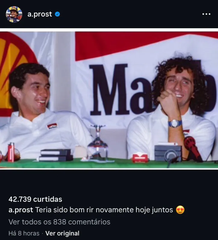 Imagem ilustrativa da imagem Rival na Fórmula 1, Prost homenageia Senna: "Seria bom rirmos juntos"