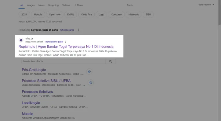 Quem busca o nome da instituição de ensino pela ferramenta Google, encontra o nome “Rupiahtoto | Agen Bandar Togel Terpercaya No.1 Di Indonesia” vinculado ao endereço do site da Ufba