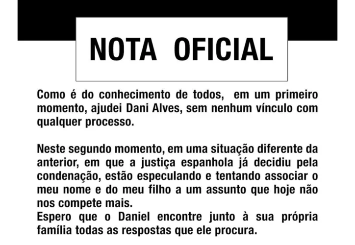 Imagem ilustrativa da imagem Pai de Neymar nega que pagou fiança de Daniel Alves: "não nos compete"