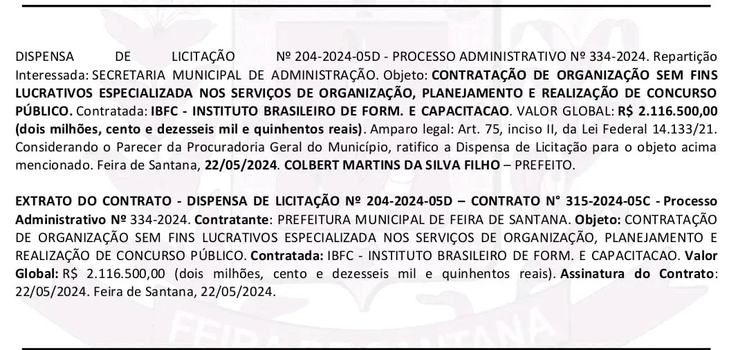 Imagem ilustrativa da imagem Feira de Santana: prefeitura fecha contrato milionário sem licitação