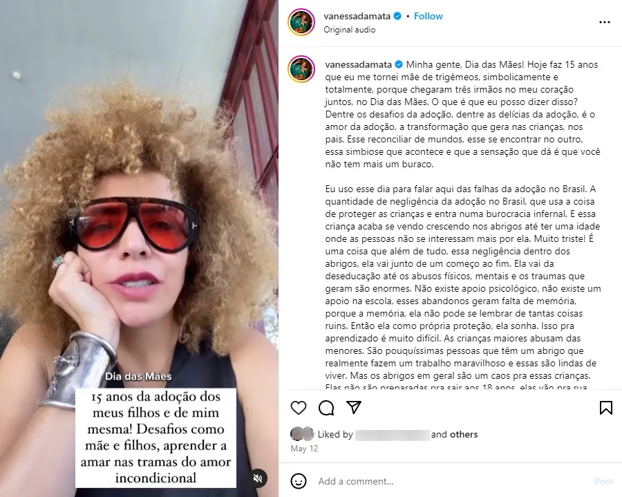 Cantora Vanessa da Matta fez postagem com críticas à 'burocracia infernal' no processo de adoção
