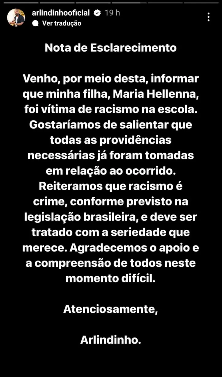 Arlindinho compartilhou o caso no Instagram